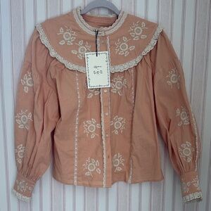 Sezane sea New York Embroidered Peach Lace-Collar Button-Up Blouse
